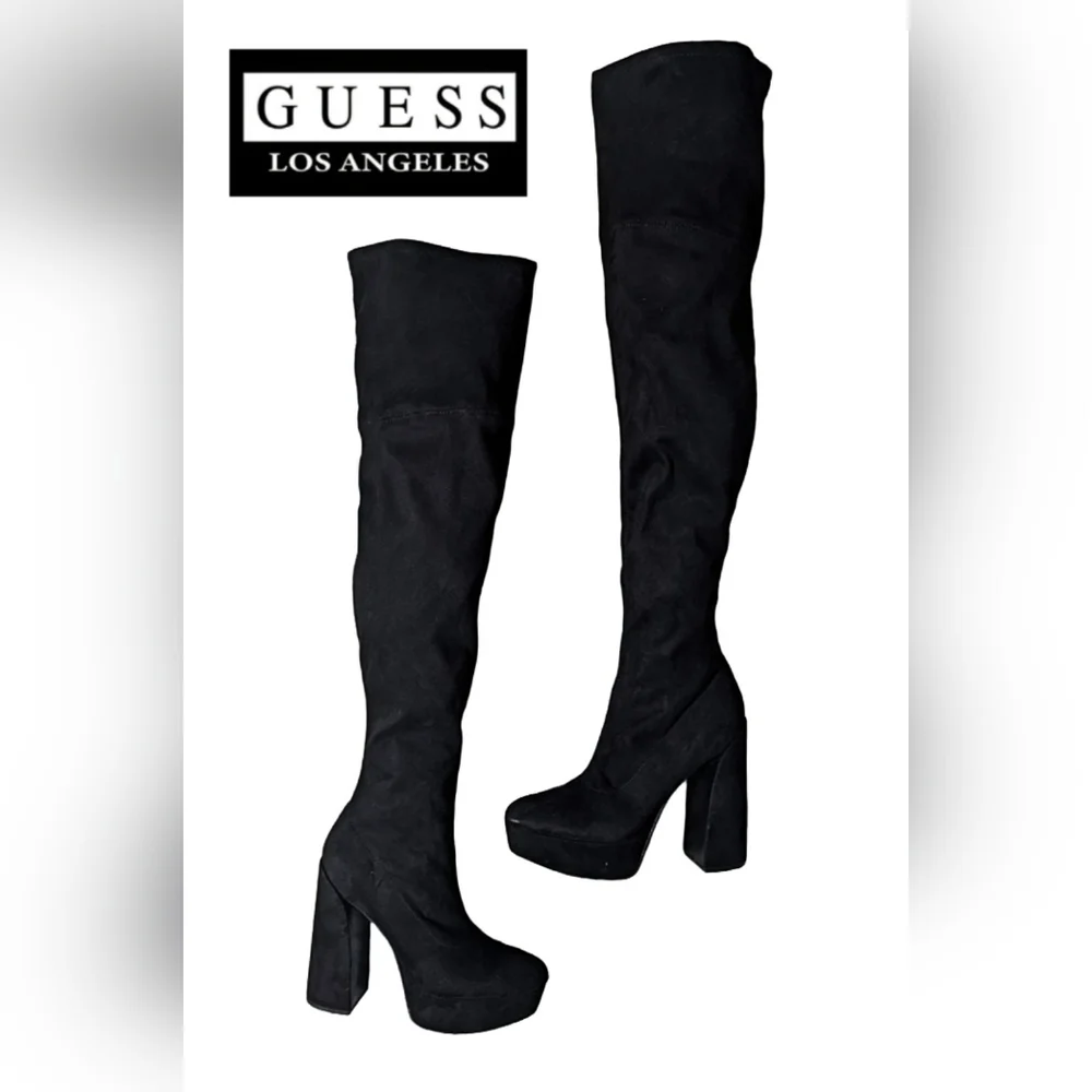 GUESS Cristy Black Faux Suede Thigh High Platform Boots Size 9M